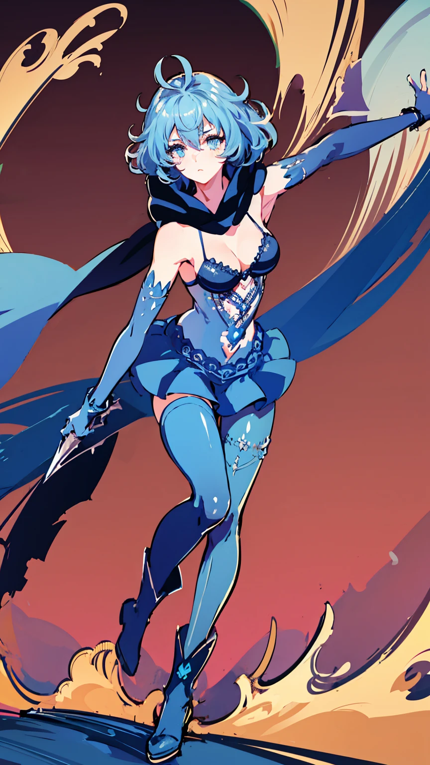 1girl,have a big sword,blue hair, curly medium hair,light blue eyes, navy long Scarf,blue brassiere,blue miniskirt,light blue Pantyhose,blue long boots,masterpiece, best quality, high quality