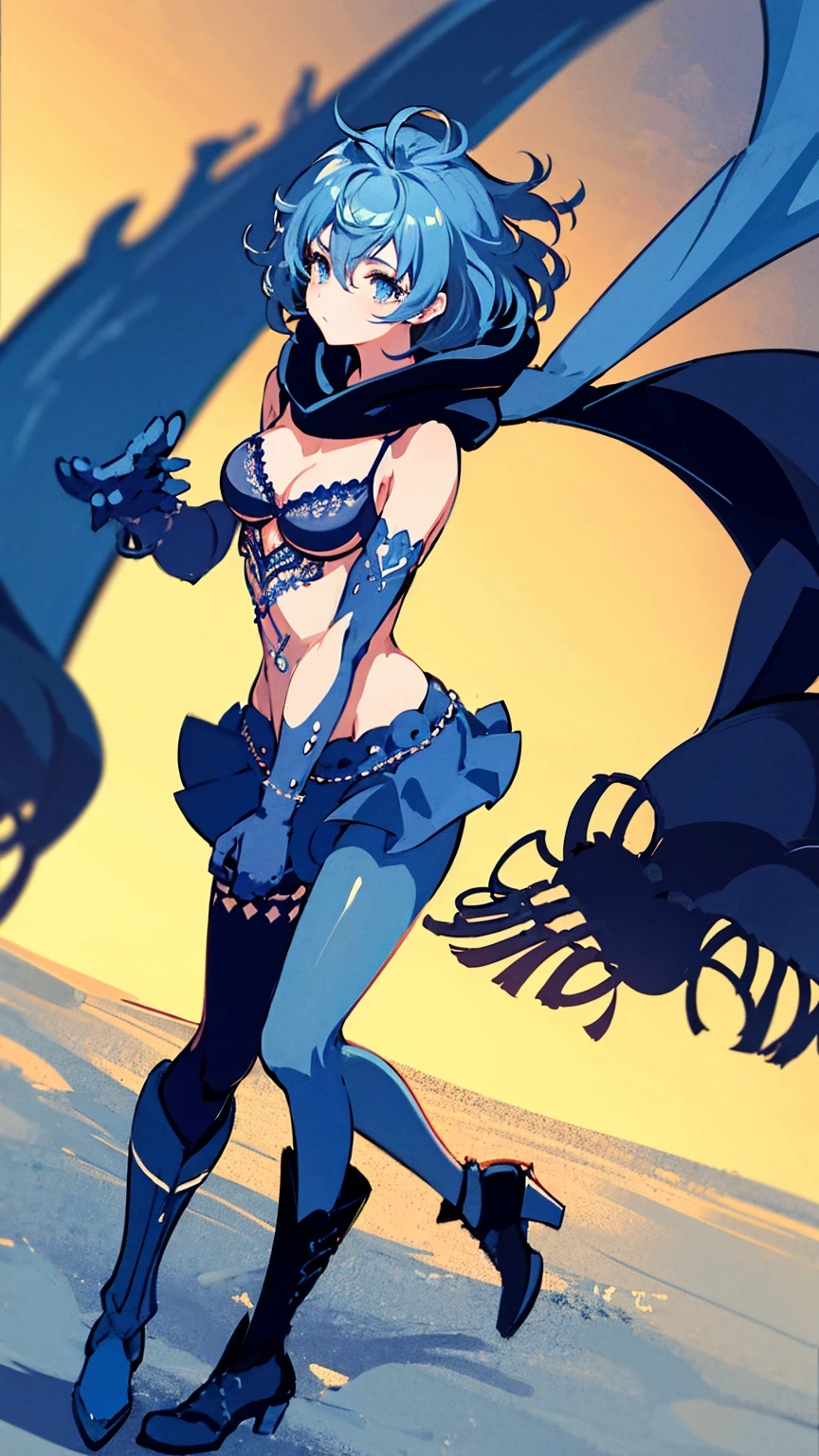 1girl,have a big sword,blue hair, curly medium hair,light blue eyes, navy long Scarf,blue brassiere,blue miniskirt,light blue Pantyhose,blue long boots,masterpiece, best quality, high quality
