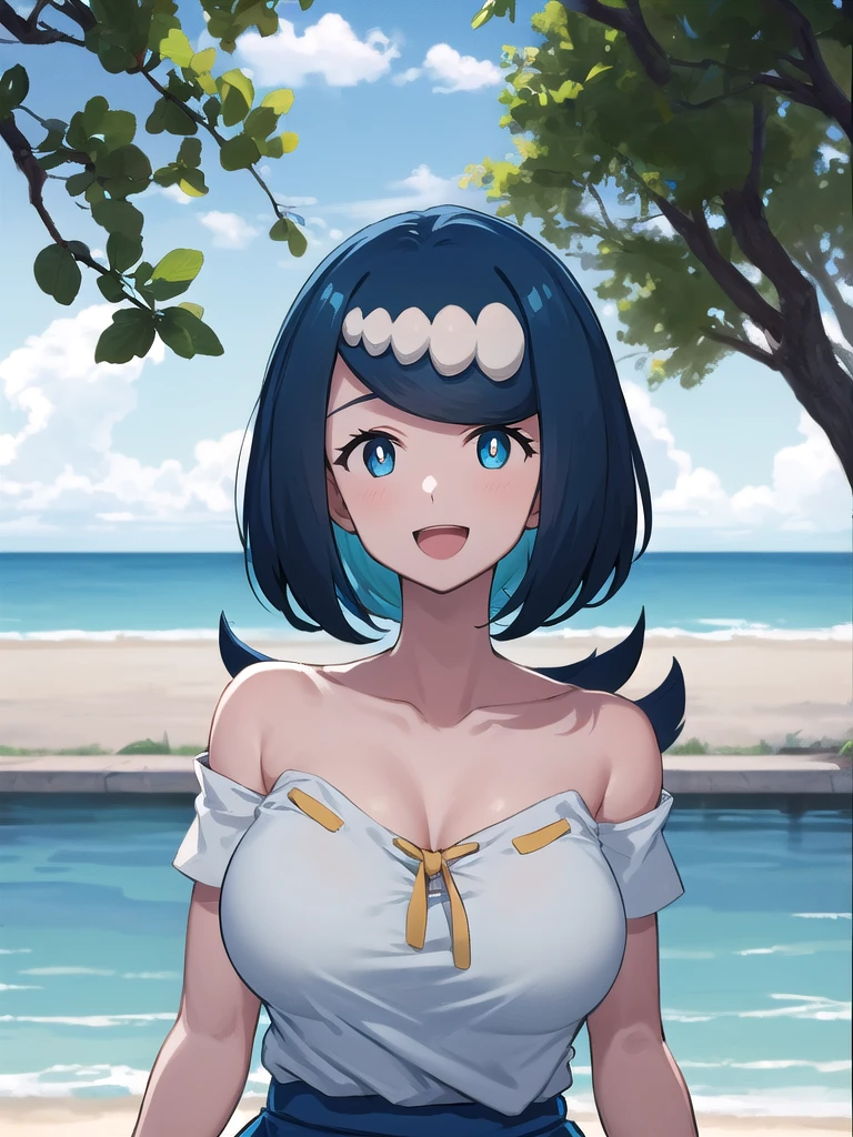 masterpiece, Highest quality, Lana Mother, White Eyes, Long Hair, hair ornaments, shirt, Blue and white skirt, Short sleeve, Large Breasts, Mature Woman, Upper Body, :d, View your viewers, Ocean, Promenade, blue sky, clavicle