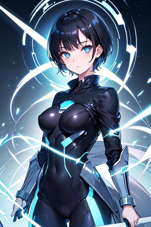 ((Highest quality)), ((masterpiece)), (Familiar), Illustration Style,Perfect Face,1 Girl,Black Hair,Short Hair,Glowing Skin,big, Bright Blue Eyes,Beautiful Bangs,Small breasts,Super Beauty,woman,,Black suit,Beautiful clothes,