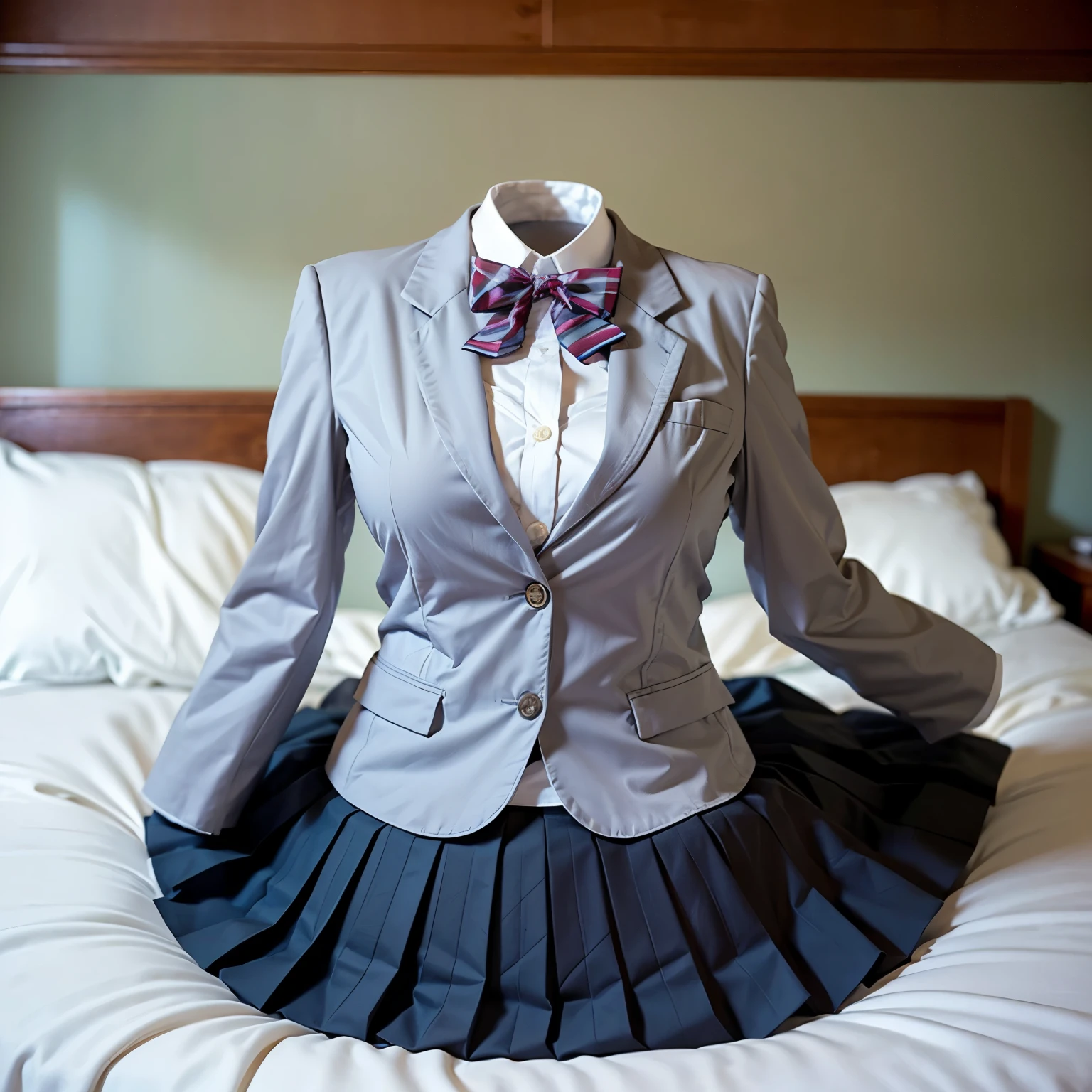 love Live Otonokizaka School blazer laid on bed, on bed, fat, cute big breast, (invisible, no human, headless, handless:1.5)