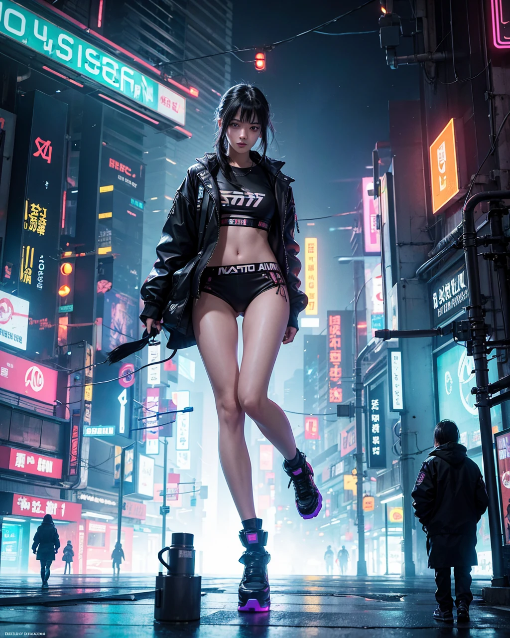 cyberpunk girl walking through a bustling, neon-lit metropolis feeling utterly alone despite the throngs of people around her. What memories haunt her, and how does she cope with her solitude?