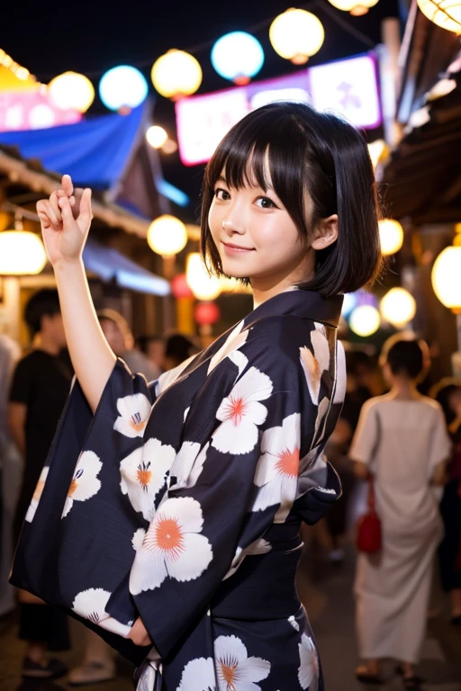 She has short black hair and is dancing in a yukata.、The background is a night festival