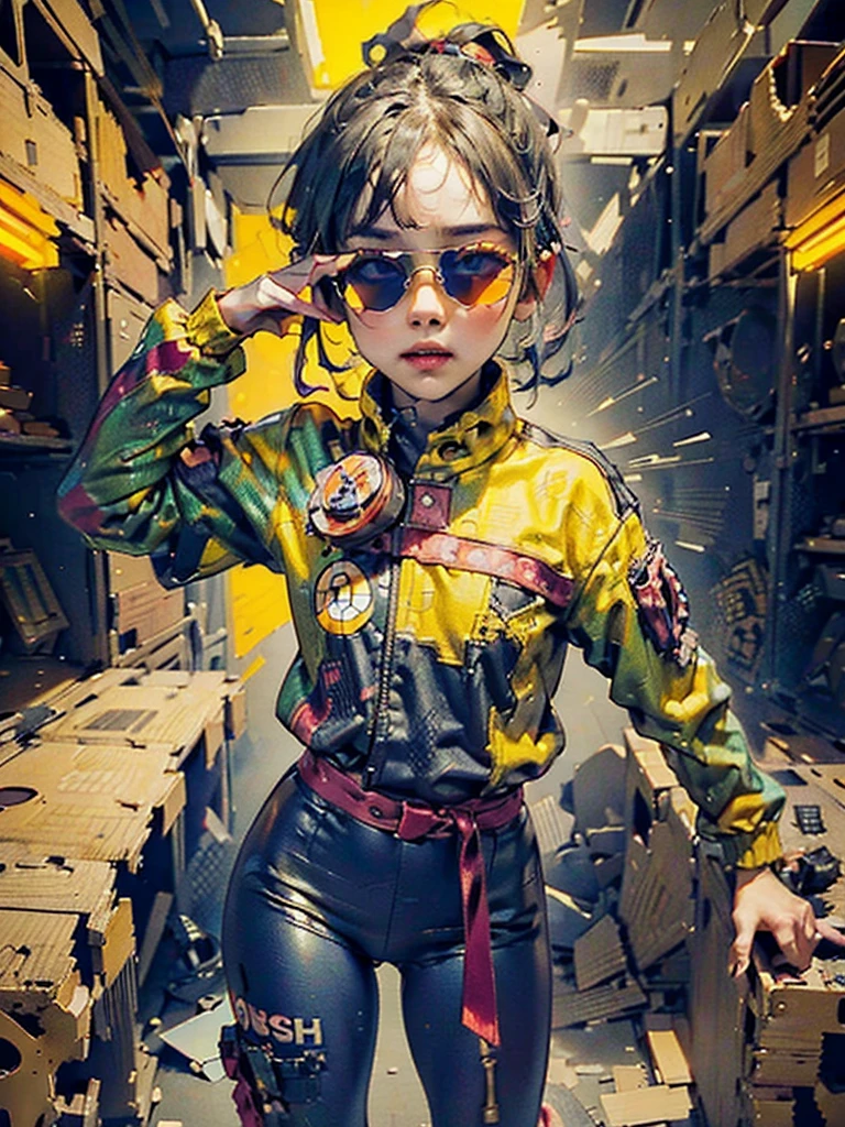 Workwear jumpsuit、Costume with glowing linesを着た女性, cyber punk, Punk Rock, Mosh Pit, (Highest quality,4K,8K,High resolution,masterpiece:1.2),Live Stage、Costume with glowing lines、Large sunglasses,Punkish hairstyle、Full body portrait
