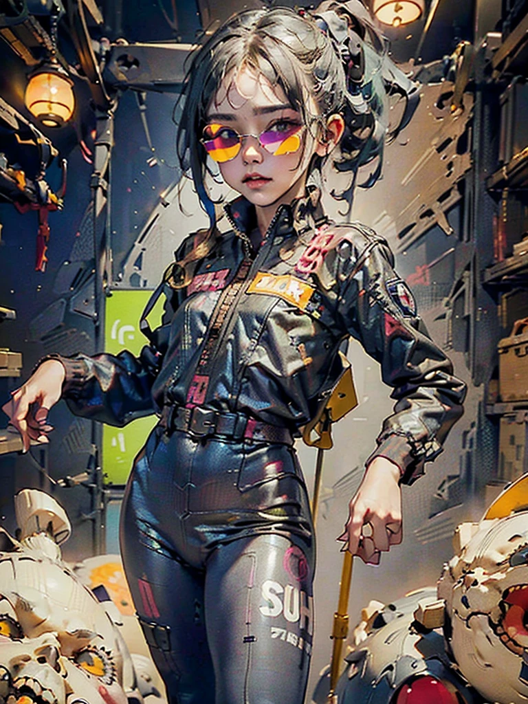 Workwear jumpsuit、Costume with glowing linesを着た女性, cyber punk, Punk Rock, Mosh Pit, (Highest quality,4K,8K,High resolution,masterpiece:1.2),Live Stage、Costume with glowing lines、Large sunglasses,Punkish hairstyle、Full body portrait