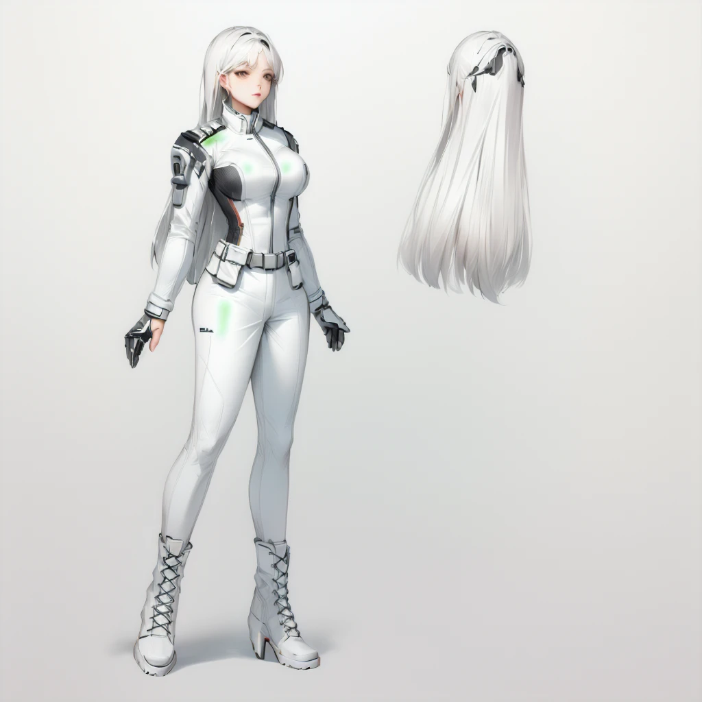 Enhance render style, female white uniform, grey color scheme, monochrome