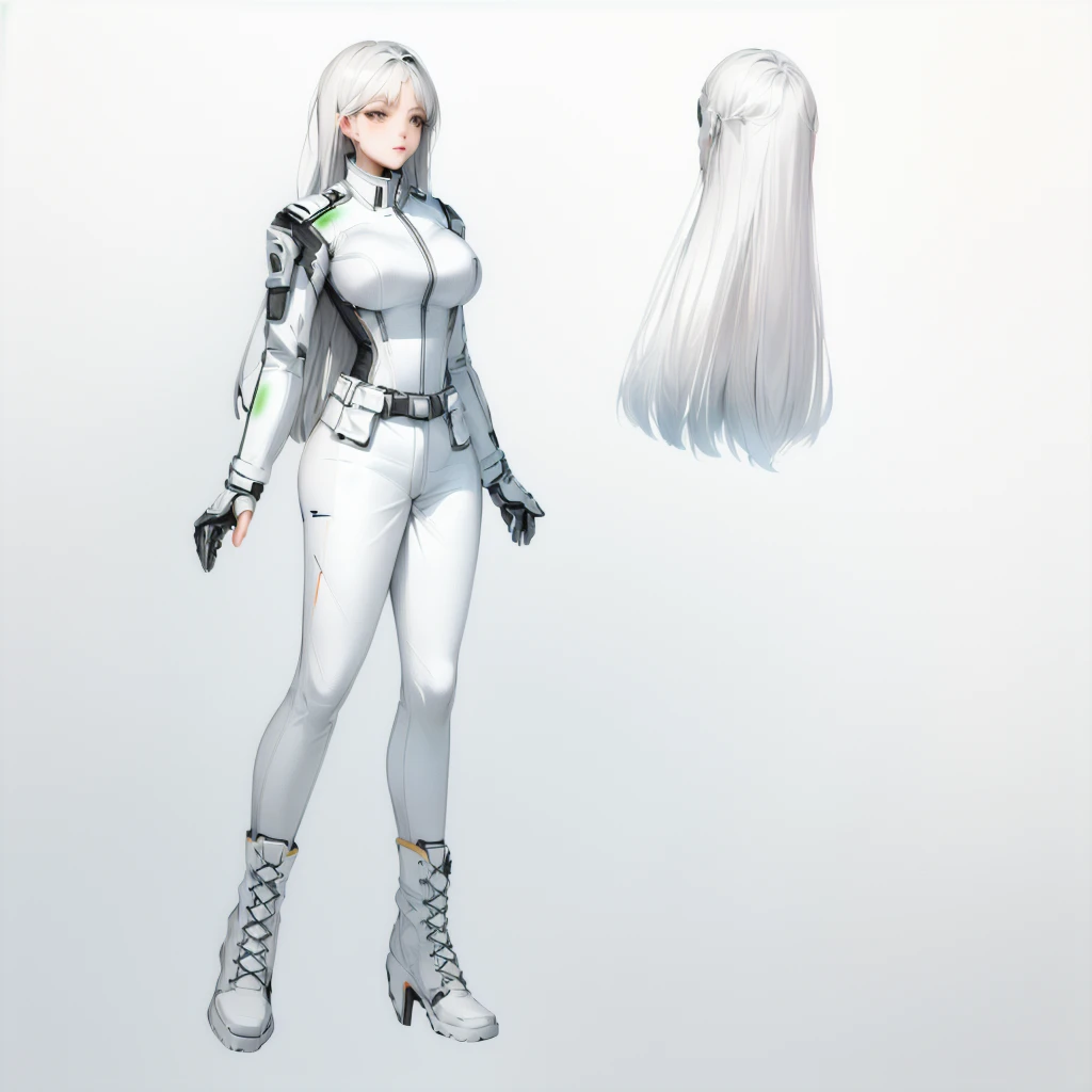 Enhance render style, female white uniform, grey color scheme, monochrome