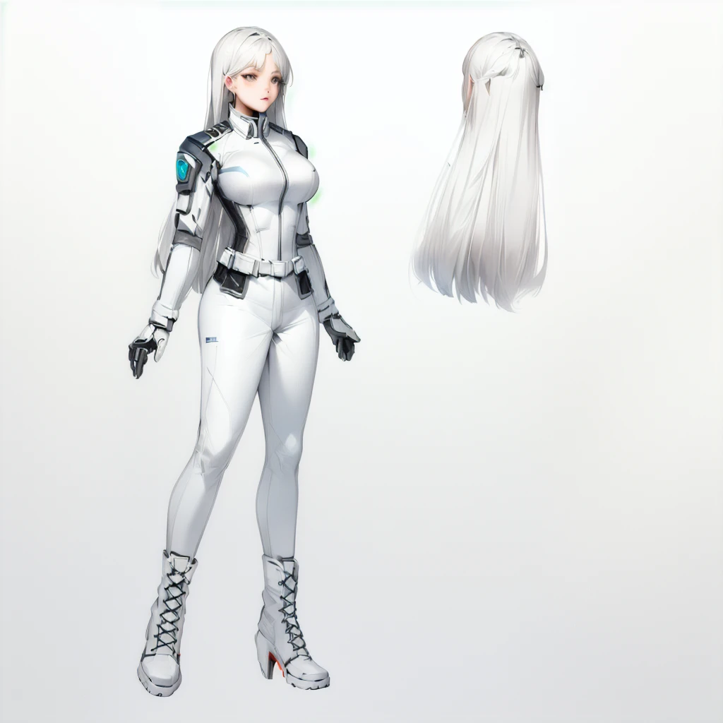 Enhance render style, female white uniform, grey color scheme, monochrome