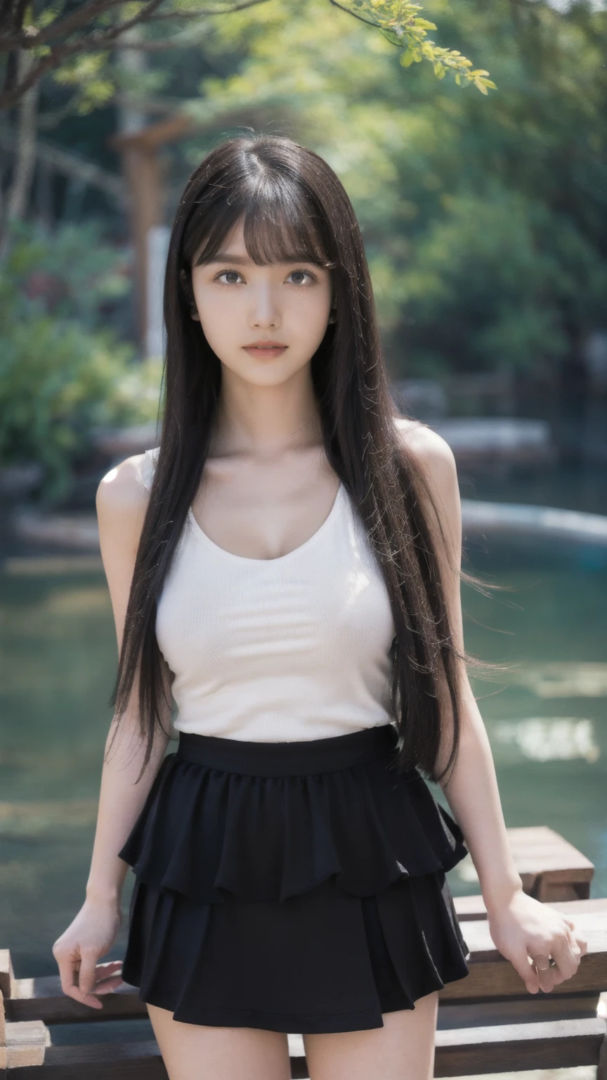 21 years old female, long hair, RAW photo, bokeh (realism: 1.4, realistic), high detail CG unified 8K wallpaper, 1girl, ((slim body)), ((skinny)), ((natural big breast:1.3)), back to viewer, ((direct view from the front)), (HQ skin: 1.4), 8k uhd, dslr, soft light, high quality, film grain, Fujifilm XT3, ((knit tank top, black short skirt)), ((outdoor, at park))) jangjoo, portrait,((Layered long Haircut, black hire)),(looking at viewer:1.4),(Full body:1.6), (((height:163cm))), (((crossed 1 arms))), (((draw perfect hands and finger)))