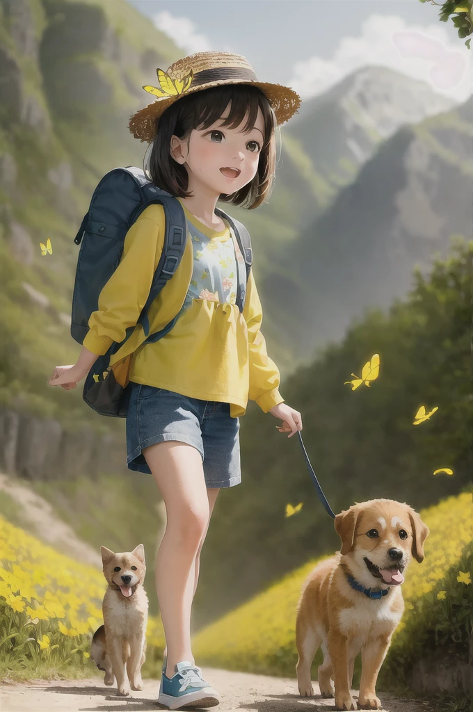 An incredibly charming carrying a backpack, accompanied by her adorable puppy, enjoying a lovely spring outing surrounded by beautiful yellow flowers and natural scenery. The illustration is in high definition at 4k resolution, with highly-detailed facial features and cartoon-style visuals, (Butterfly Dance)