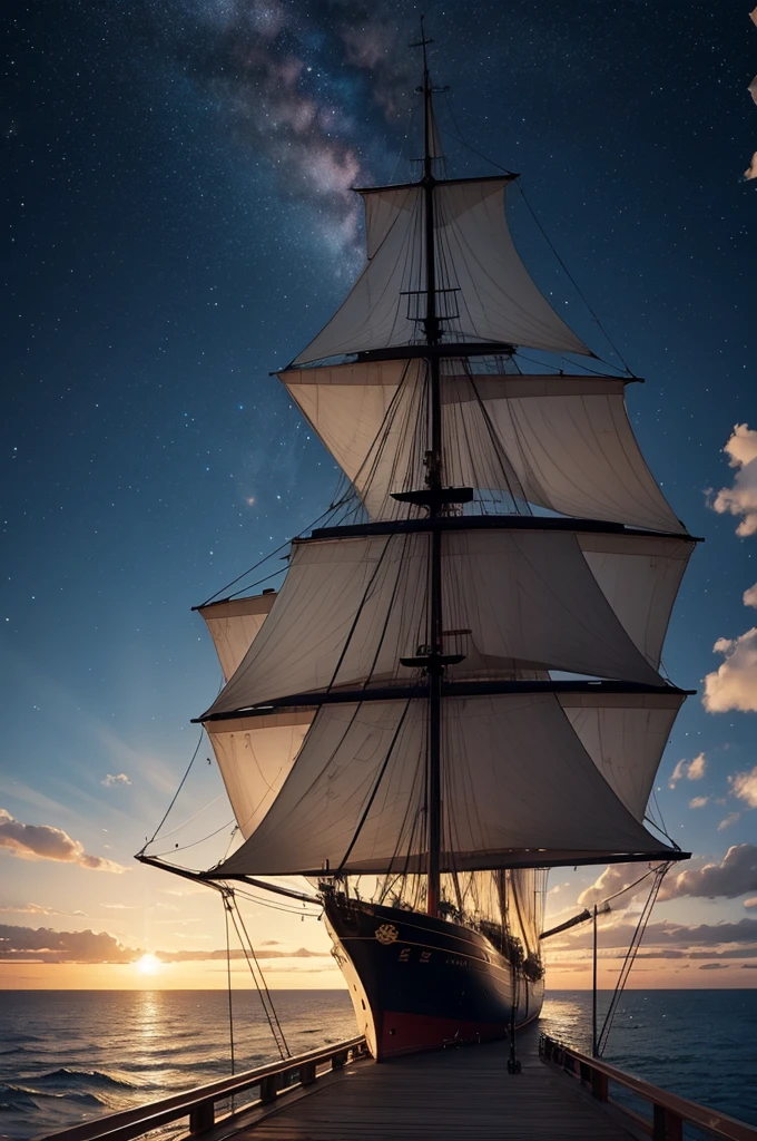 create an image of a captain on the bridge of a ship, with vast sea and starry sky