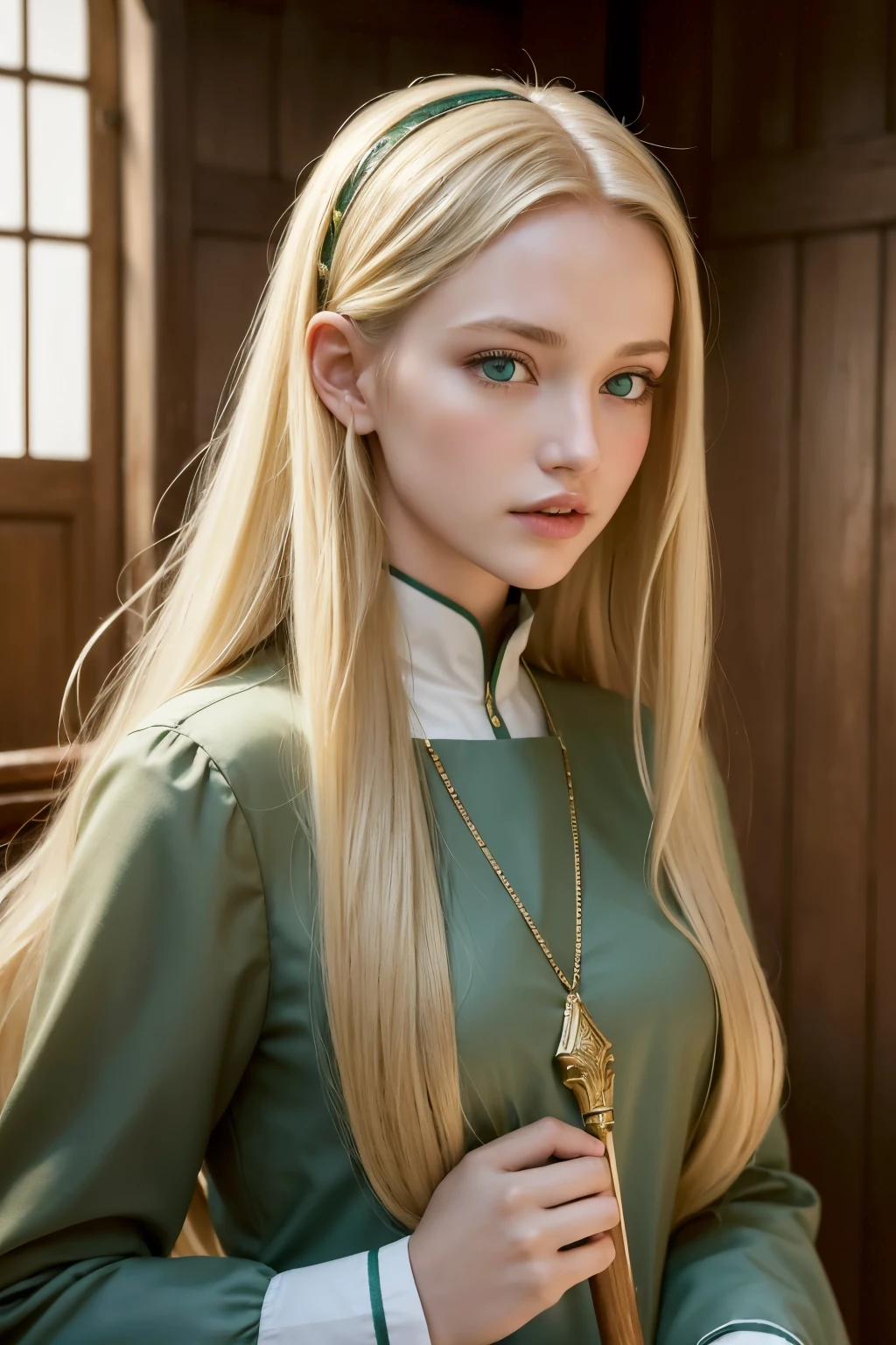((best qualityer)), ((work of art)), (detailded), medieval era, 1 girl, , Bullish, long YELLOW hair, big green eyes, fine nose, Full mouth, long neck, green tunic, neckleace, a staff, small town, magie, healing