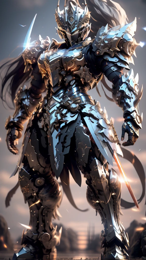 Create a highly detailed and realistic image of a fierce warrior standing tall, gripping a sword in both hands. The warrior should have a determined and intense expression, with battle-worn armor showcasing his strength and resilience. The sword he holds should have intricate runic symbols etched along the blade, glowing with a mystical light. The scene should be dramatic, with dynamic lighting and a background that enhances the warrior's imposing presence. Emphasize the realism and fine details, capturing every element with precision