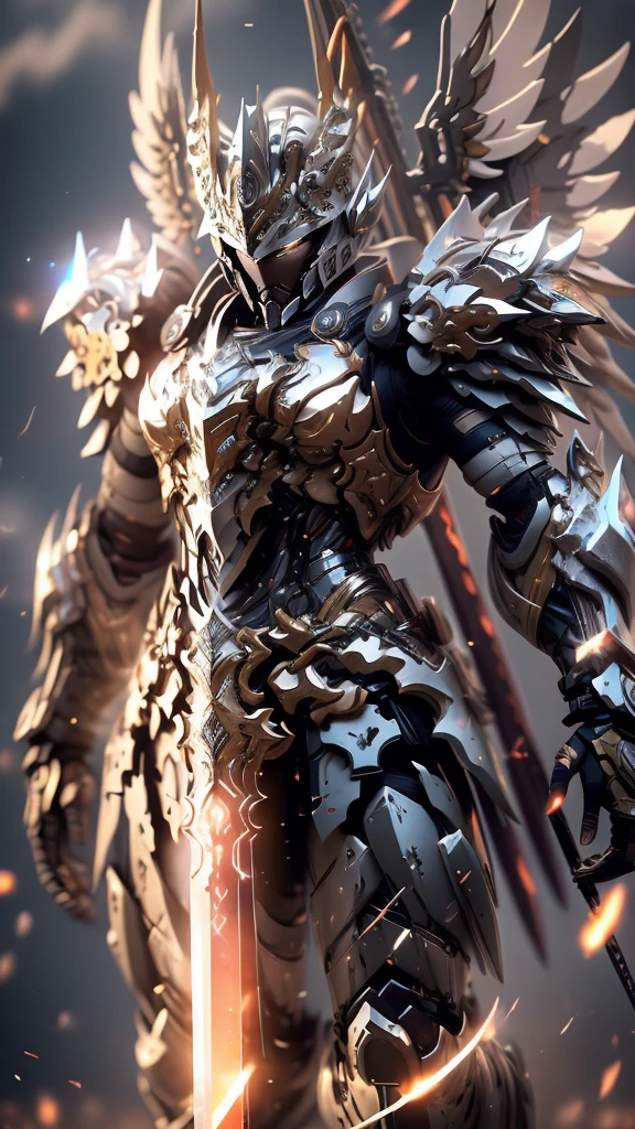 Create a highly detailed and realistic image of a fierce warrior standing tall, gripping a sword in both hands. The warrior should have a determined and intense expression, with battle-worn armor showcasing his strength and resilience. The sword he holds should have intricate runic symbols etched along the blade, glowing with a mystical light. The scene should be dramatic, with dynamic lighting and a background that enhances the warrior's imposing presence. Emphasize the realism and fine details, capturing every element with precision