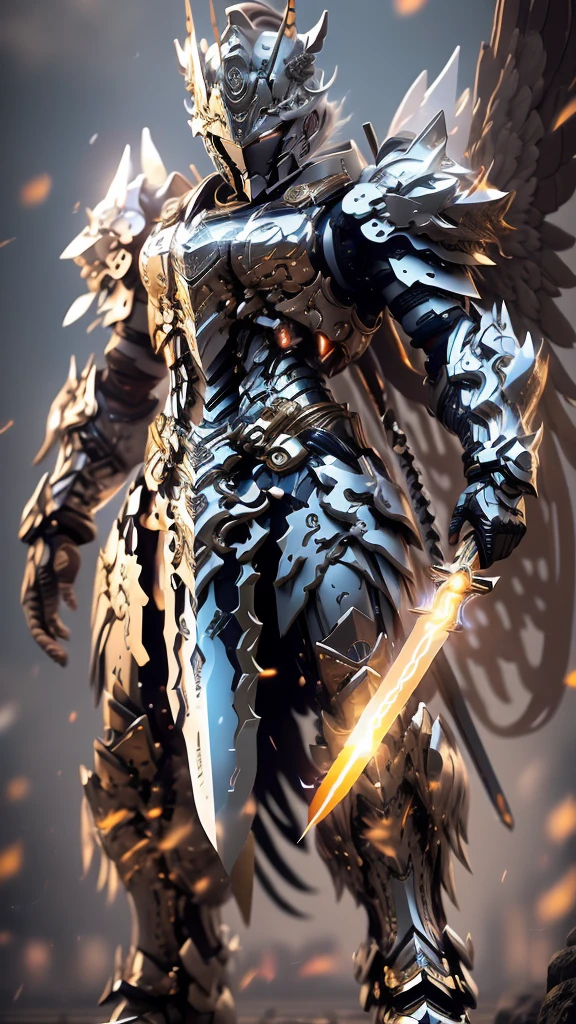 Create a highly detailed and realistic image of a fierce warrior standing tall, gripping a sword in both hands. The warrior should have a determined and intense expression, with battle-worn armor showcasing his strength and resilience. The sword he holds should have intricate runic symbols etched along the blade, glowing with a mystical light. The scene should be dramatic, with dynamic lighting and a background that enhances the warrior's imposing presence. Emphasize the realism and fine details, capturing every element with precision