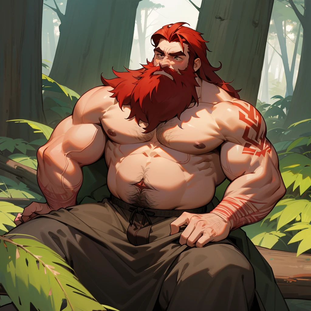 man, Viking, short stature, age 60, tattoos on body, Red hair, red beard, long beard, thick and strong, big belly, thick body hair, Thick chest hair, thick pubic hair, naked, Without clothing, small, small tight briefs, In the woods, large fir trees, nature, Covers his groin with his hand, sitting on a felled tree