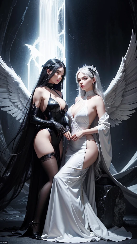 Two women in white and black dresses stand side by side., They have beautiful faces., beautiful face, Beautiful Gemini, both good and evil., Eros and Thanatos, 2 angel, angel, angelกับปีศาจ, Darius Zawadski and Tom Bagshaw, Tom Bagshaw art style, The villain has black angel wings., angel and demons, fallen angel, beautiful gemini twins, big breasts, fully grown breasts, attractive body, Fascinating beauty, Tight outfit, Focus on body proportions, full body image, See every part, นางฟ้าbig breastsโต, Plump breasts, fully grown breasts, Two angels who are both gods and devils., Angels have a total of 12 wings with different styles to represent a mix of good and evil., The 6 left wings are the wings of the gods. It has the appearance of a large, beautiful, light-filled bird wing. Contains white, The 6 right wings are the wings of the devil. It has the appearance of a bat's wings, which are sharp and dark. Contains black, These two angels stood on the ground that was divided into two parts. One part is a green field with flowers in bloom. Another part of the ground was dry and cracked, with small flames rising from it., The angel's face had a beautiful appearance and a hint of strength. , Her mouth was bright red., One eye was bright blue. Expressing kindness and hope The other side is dark red. It represents mystery and danger., Her hair was jet black, extremely long, two meters long., She wore an outfit that was a combination of divine armor and a devil's cloak., A tight leather outfit emphasizes the figure. A tight outfit., The wings are both white and black., There are wings that are clearly separated from each other., white wings, Black wings, This image was meant to show the balance between good and evil. light and darkness Living together in these two angels