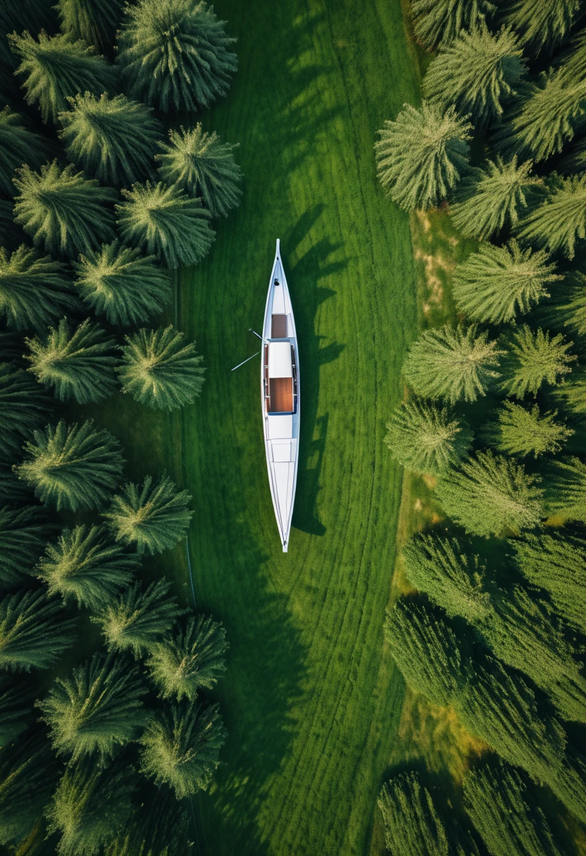 aerial view of a boat in a field of grass with trees, a picture by Daren Bader, unsplash contest winner, land art, detailed fields nature, drone photography, aerial photography, perspective shot from the sky, shot from a drone, top - down photograph, drone photograph, unsplash contest winning photo, seen from above, shot from above, stunning lines