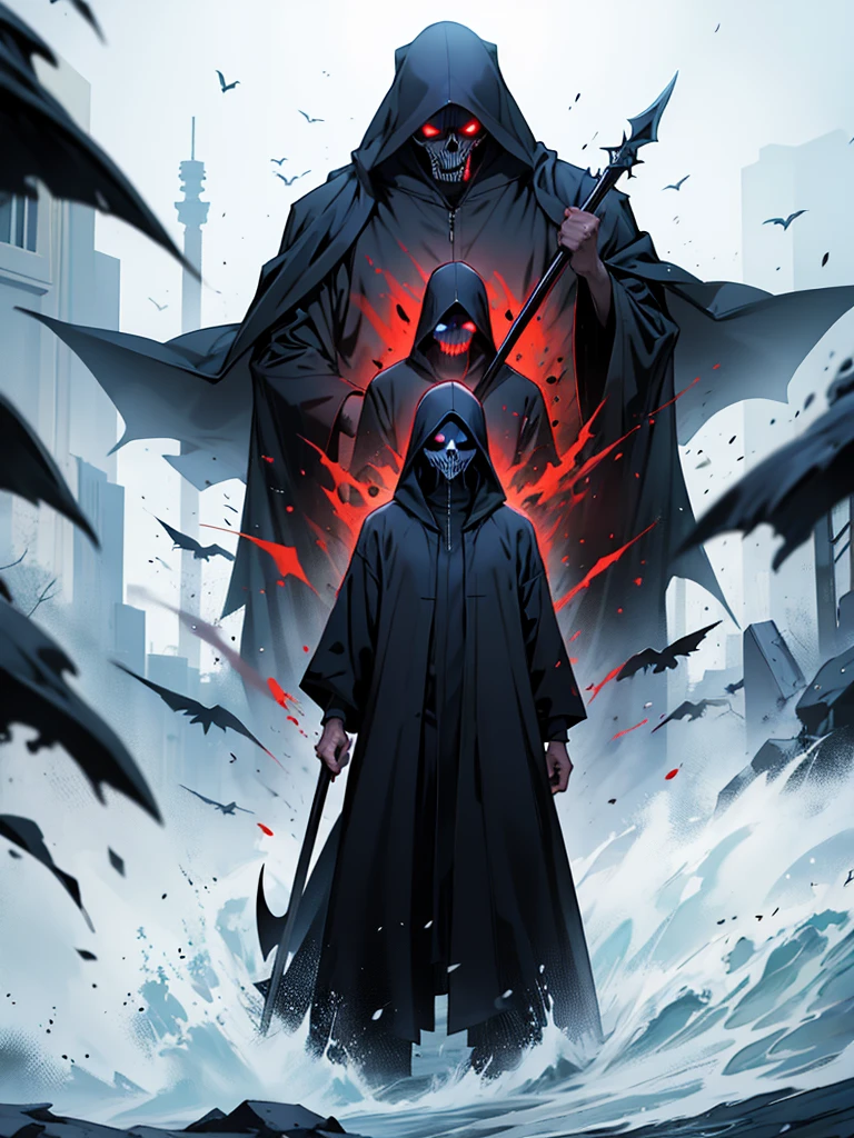 Floating Grim Reaper、Horror、Grim Reaper's Scythe、Spirit Body、Inside the Western-style building、A large number of human souls、骨の体、黒い敗れたローブ
