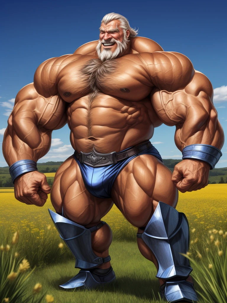 huge muscular old man in meadow, wearing armor, topless, white and short hair, white beard, old, old man, (chest hair, pubic hair,) grandpa, huge scar on chest:1.2, (huge muscular), detailed muscles, 8k, masterpiece:1.2, hyper realistic, highly detailed full body, ((really big muscle, massive muscular, sixpack, thick arms, wide pectoral, super huge muscle, hyper muscular, over sized muscle, huge arms, big arms, huge pectoral)), soft ambient lighting, wrinkled skin, happy expression