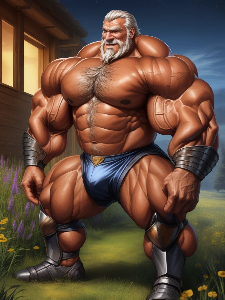 huge muscular old man in meadow, wearing armor, topless, white and short hair, white beard, old, old man, (chest hair, pubic hair,) grandpa, huge scar on chest:1.2, (huge muscular), detailed muscles, 8k, masterpiece:1.2, hyper realistic, highly detailed full body, ((really big muscle, massive muscular, sixpack, thick arms, wide pectoral, super huge muscle, hyper muscular, over sized muscle, huge arms, big arms, huge pectoral)), soft ambient lighting, wrinkled skin, happy expression