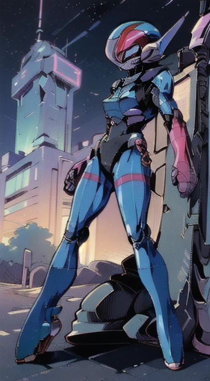 (best quality, masterpiece, ultra-realistic), (full body image), 1woman, solo, extremely stylized, deviant art, masterpiece, highly detailed, futuristic, tight pants, blush, (silicone skinsuit:1.4), boots, entire body image, full body shot, perfect anatomy, accurate anatomy, ((wide hips)), ((scifi helmet)), ((small helmet)), ((crouching pose)), ((detailed night time cityscape background)), ((zoom out, full body view))