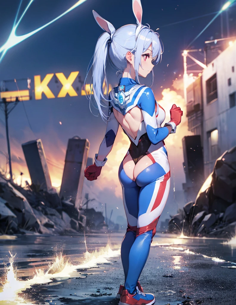 (Close-up:1.3),Realistic,Highest quality, Ultra Detail, High-quality CG rendering, The most delicate and beautiful, Floating softly, High resolution, (1 girl), (Highest quality,4K,8K,masterpiece:1.2) ,Light purple hair,Rabbit,(Bunny ears:1.5),ponytail,Red eyes,(Ultra Girl:1.0),(All blue Ultraman bodysuit:1.5),(All blue gloves:1.5),(All blue shoes:1.5), (Clenched Fist:1.2),(Turn your back to your audience:1.3),Butt