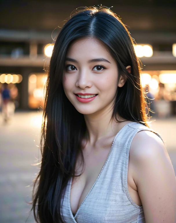 canon rf 85mm f1.2, (​masterpiece:1.3), 8K, Photorealsitic, Raw photography, (Top image quality:1.4), asian high school girls, (black long straight hairs pulled to the front:1.2), (cleavage of the breast:0.8), Super Detail Face, (sharp focus:1.2), (pretty woman:1.4), top-quality,​ masterpiece, A high resolution, (Photorealsitic:1.4), Highly detailed and professional lighting, slender, wearing dress, serious facial expression, rules of third, 1 person, pretty eyes, beauty smile, standing on the street at night