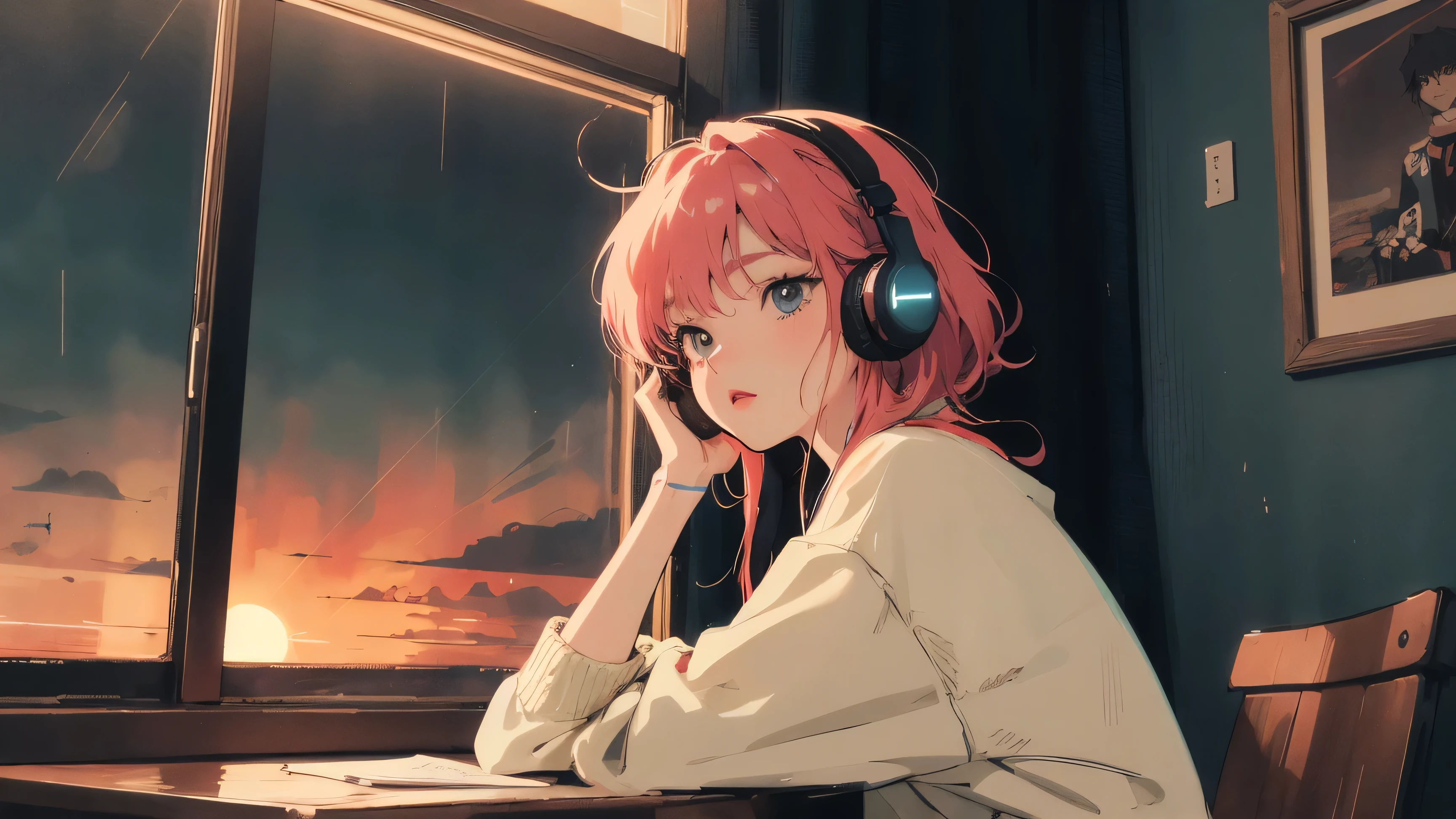 アニメ girl sitting on floor looking out window at city, アニメ aesthetic, アニメ vibes, lofi artstyle, Lo-fi portrait by the window, Watching the Sunset. アニメ, Lofty Girl, アニメ art wallpaper 4 k, アニメ art wallpaper 4k, アニメ art wallpaper 8 k, アニメ background art, Lofi Color, Lofi Art, アニメ asthetic,masterpiece, Highest quality, Rainbow Style, アニメ, Beautiful Asian Girl, Along the Hawaiian Coast, Cute and dreamy,アニメ,Illustrator,LOFI Girl, Blues,landscape,Sunset, night、Girl listening to music in a cozy room, Use headphones, 2D Style Anime, Rain outside the window、Analog Color Theme、Ghibli style,、Tokyo, night, Write notes