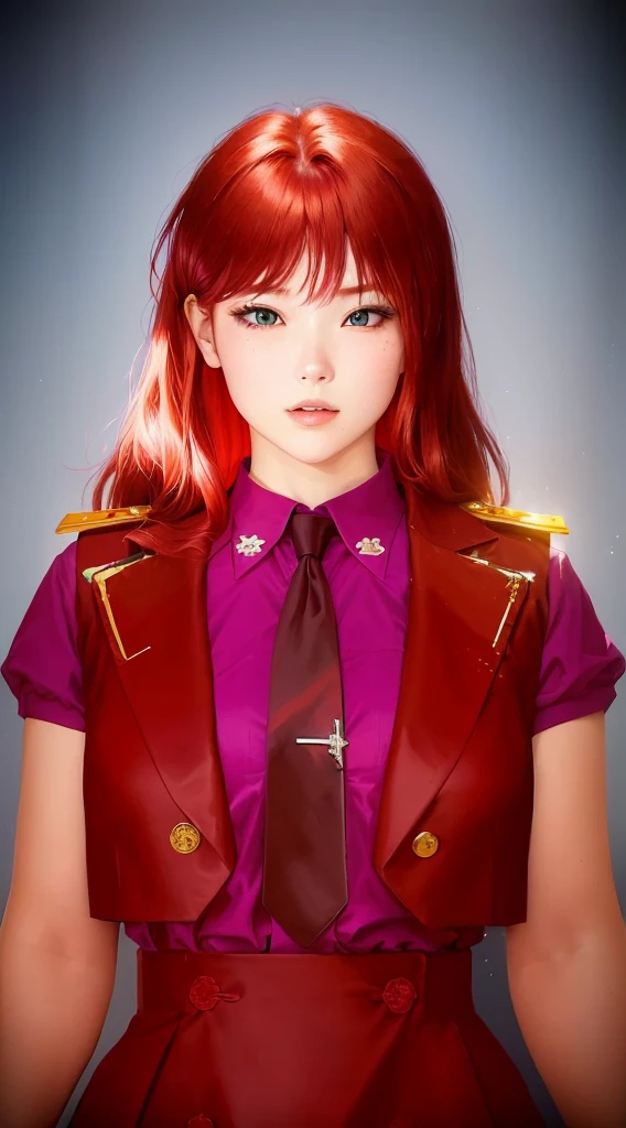 there is a woman with red hair wearing a purple shirt and a red tie, inspired by Sim Sa-jeong, rings asuka iwakura station game, asuka langley sohryu, inspired by Hisui Sugiura, red uniform, asuka langley, asuka langley souryuu, jk uniform, marin kitagawa fanart, realistic 