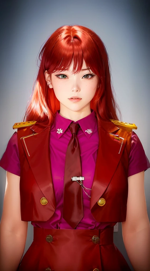 there is a woman with red hair wearing a purple shirt and a red tie, inspired by Sim Sa-jeong, rings asuka iwakura station game, asuka langley sohryu, inspired by Hisui Sugiura, red uniform, asuka langley, asuka langley souryuu, jk uniform, marin kitagawa fanart, realistic