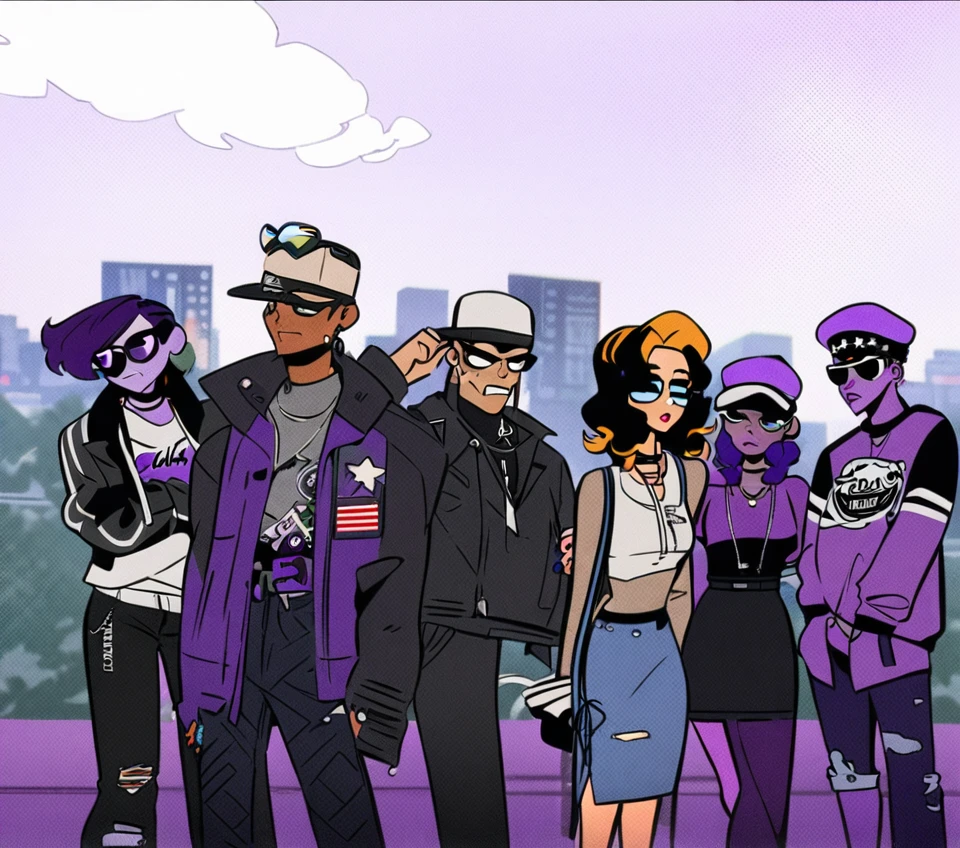 The Purple gang of Detroit in anime style. Modern polish Americans, modern Detroit fashion, polish, wearing purple, manga style