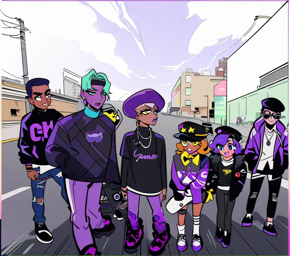The Purple gang of Detroit in anime style. Modern polish Americans, modern Detroit fashion, polish, wearing purple, manga style 