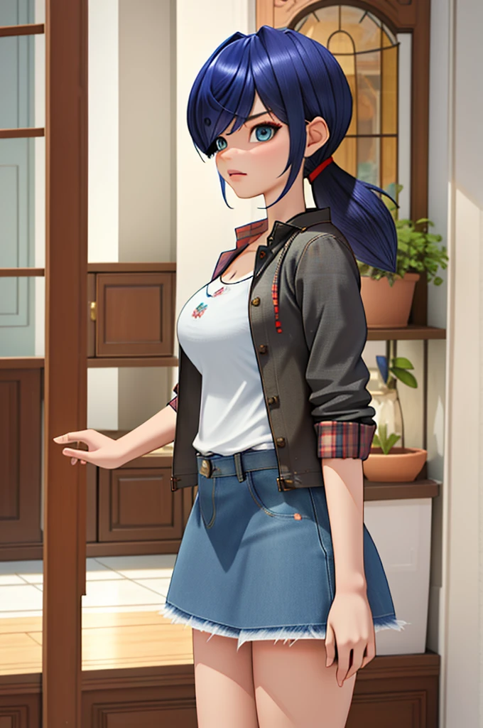 (8k, RAW photo, best quality, masterpiece:1.2), (intricate details), perfect eyes, perfect face, perfect lighting, beautiful, (masterpiece:1.2), (best quality:1.2), 1girl, solo, marinette, blue hair, (( hair in ponytail, bangs over one eye )), adult torso, 19 years old, angry, huge sized breasts, (tank top, denim jacket, red skirt), cowboy shot, 3DMM, standing, front view, 