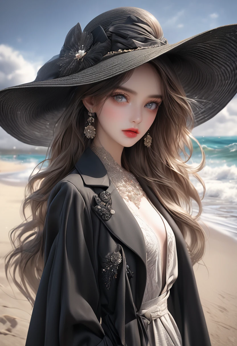a beautiful girl in an elegant black hat with a large sunshade, black long gloves, standing on a sandy beach in the hot summer, wearing a black trench coat:1.2, (best quality,4k,8k,highres,masterpiece:1.2),ultra-detailed,(realistic,photorealistic,photo-realistic:1.37),beautiful detailed eyes,beautiful detailed lips,extremely detailed eyes and face,longeyelashes,intricate details,photorealistic,cinematic lighting,dramatic lighting,highly detailed face,high fashion,elegant,dramatic,atmospheric,summer beach,sand,ocean waves,overcast sky