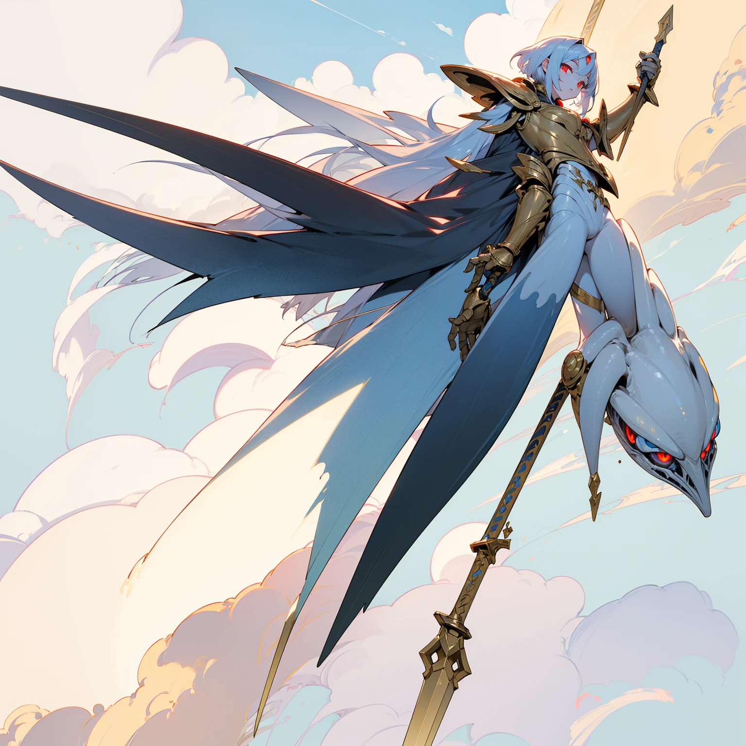 (Random Evolution, Colossal alien mixed Mythological creatures), (Flying in the clouds), gold armor body, (carrying a gold sword), full body version, (silver hands),  full blue colour skins, (red eyes), (Grassroots), no background, (clouds)