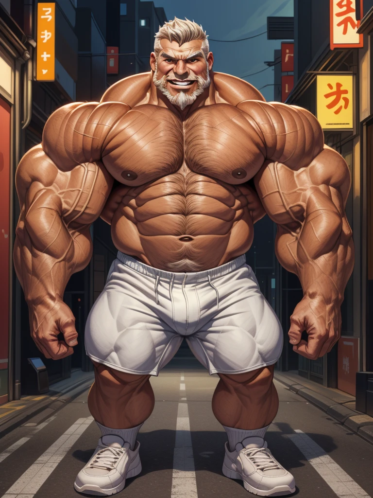 huge muscular old man in tokyo, white and short hair, white beard, old, old man, (chest hair, pubic hair,) grandpa, huge scar on chest:1.2, (huge muscular), detailed muscles, 8k, masterpiece:1.2, hyper realistic, white shorts:1.2, highly detailed full body, ((really big muscle, massive muscular, sixpack, thick arms, wide pectoral, super huge muscle, hyper muscular, over sized muscle, huge arms, big arms, huge pectoral)), soft ambient lighting, wrinkled skin, happy expression