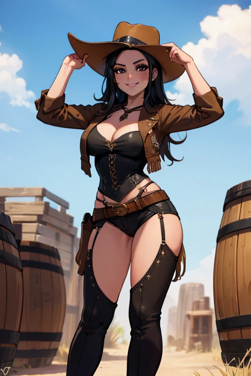 Perfect face, Perfect hands. A black haired female cowgirl with brown eyes and an hourglass figure in a conservative cowgirl's outfit is smiling on a barrel in a wild west town. 