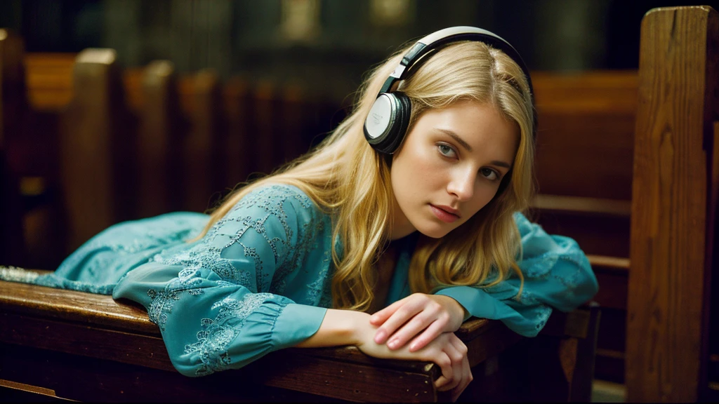 Beautiful blonde with large breasts in mourning clothes (Sitting in a pew in a dark church),Wearing headphones,Very detailed, 21 years old, Innocent face, Naturally Wavy Hair, blue eyes, High resolution, masterpiece, Highest quality, Intricate details, Very detailed, Clear focus, Delicate skin, practical skin texture, texture, Delicate eyes, Professional, 4K, Sad crying face, Shot with Canon, 85mm, Shallow and deep,  Kodak Vision Color, Exactly, Very detailed, photograph_\(Extremist\), photographpractical, practical, Post-processing, Maximum details, Roughness, Real Life, Extremist practical, Photorealism, photographgraphy, 8K Ultra HD, photographgraphy