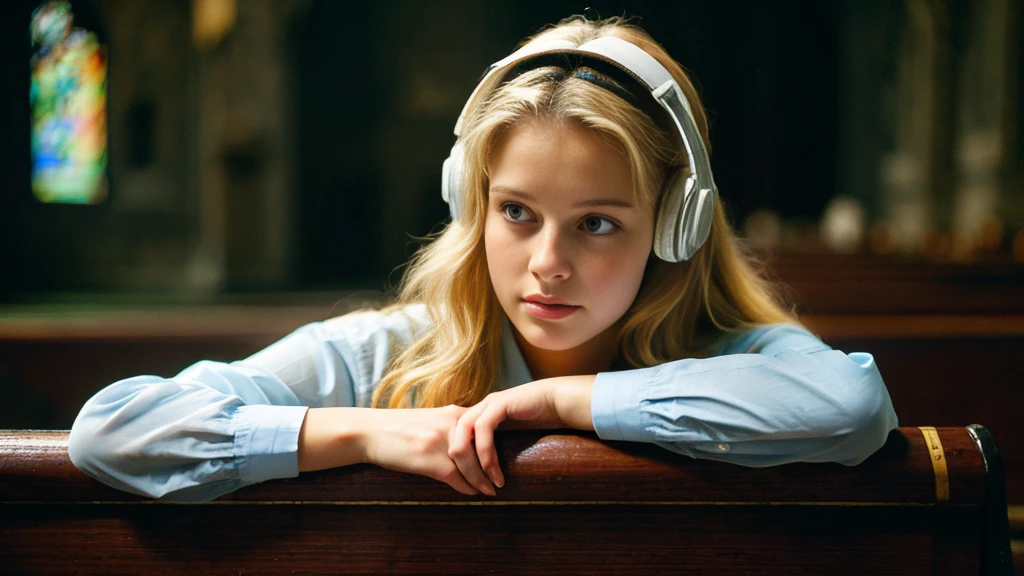 Beautiful blonde with large breasts in mourning clothes (Sitting in a pew in a dark church),Wearing headphones,Very detailed, 21 years old, Innocent face, Naturally Wavy Hair, blue eyes, High resolution, masterpiece, Highest quality, Intricate details, Very detailed, Clear focus, Delicate skin, practical skin texture, texture, Delicate eyes, Professional, 4K, Sad crying face, Shot with Canon, 85mm, Shallow and deep,  Kodak Vision Color, Exactly, Very detailed, photograph_\(Extremist\), photographpractical, practical, Post-processing, Maximum details, Roughness, Real Life, Extremist practical, Photorealism, photographgraphy, 8K Ultra HD, photographgraphy