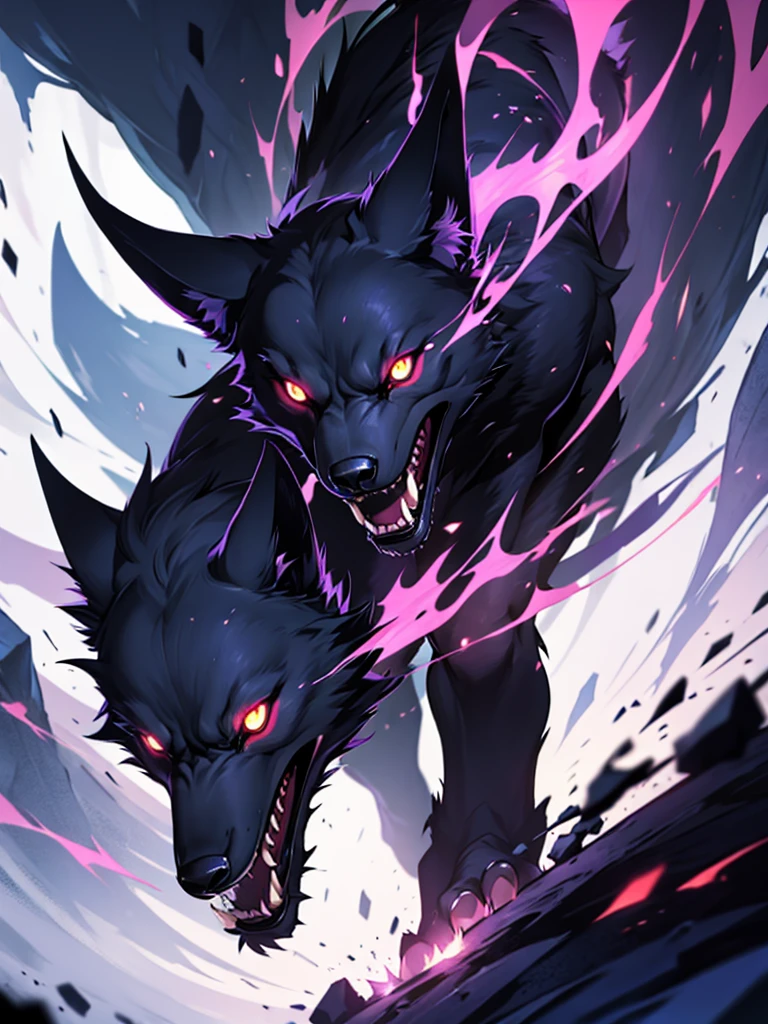 Demon Wolf、Black fur、Purple glowing eyes、Sharp fangs and claws、Drooling from the mouth、Draw the whole body