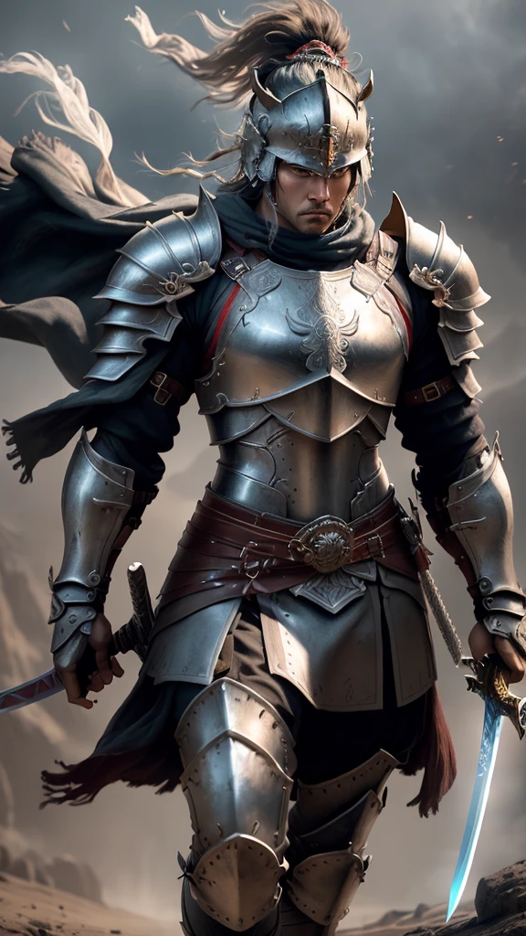 Create a highly detailed and realistic image of a fierce warrior standing tall, gripping a sword in both hands. The warrior should have a determined and intense expression, with battle-worn armor showcasing his strength and resilience. The sword he holds should have intricate runic symbols etched along the blade, glowing with a mystical light. The scene should be dramatic, with dynamic lighting and a background that enhances the warrior's imposing presence. Emphasize the realism and fine details, capturing every element with precision