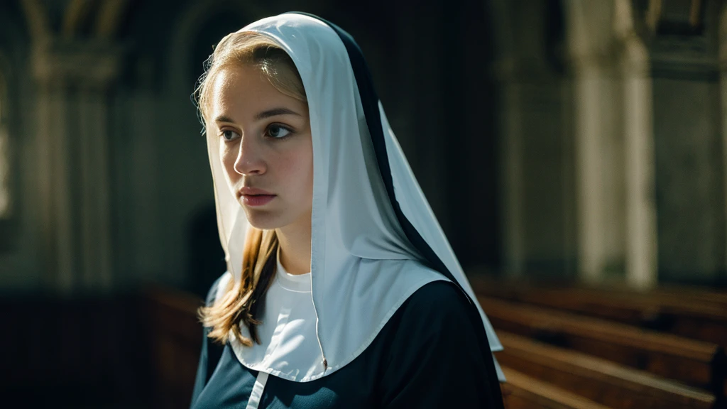 Beautiful blonde with big breasts dressed as a nun (Depressed in a dark church),Wearing headphones,Very detailed, 21 years old, Innocent face, Naturally Wavy Hair, blue eyes, High resolution, masterpiece, Highest quality, Intricate details, Very detailed, Clear focus, Delicate skin, practical skin texture, texture, Delicate eyes, Professional, 4K, Sad crying face, Shot with Canon, 85mm, Shallow and deep, Kodak Vision Color, Exactly, Very detailed, photograph_\(Extremist\), photographpractical, practical, Post-processing, Maximum details, Roughness, Real Life, Extremist practical, Photorealism, photographgraphy, 8K Ultra HD, photographgraphy
