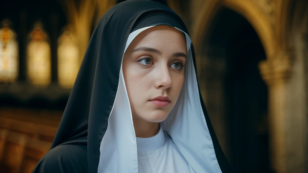 Beautiful blonde with big breasts dressed as a nun (Depressed in a dark church),Wearing headphones,Very detailed, 21 years old, Innocent face, Naturally Wavy Hair, blue eyes, High resolution, masterpiece, Highest quality, Intricate details, Very detailed, Clear focus, Delicate skin, practical skin texture, texture, Delicate eyes, Professional, 4K, Sad crying face, Shot with Canon, 85mm, Shallow and deep, Kodak Vision Color, Exactly, Very detailed, photograph_\(Extremist\), photographpractical, practical, Post-processing, Maximum details, Roughness, Real Life, Extremist practical, Photorealism, photographgraphy, 8K Ultra HD, photographgraphy