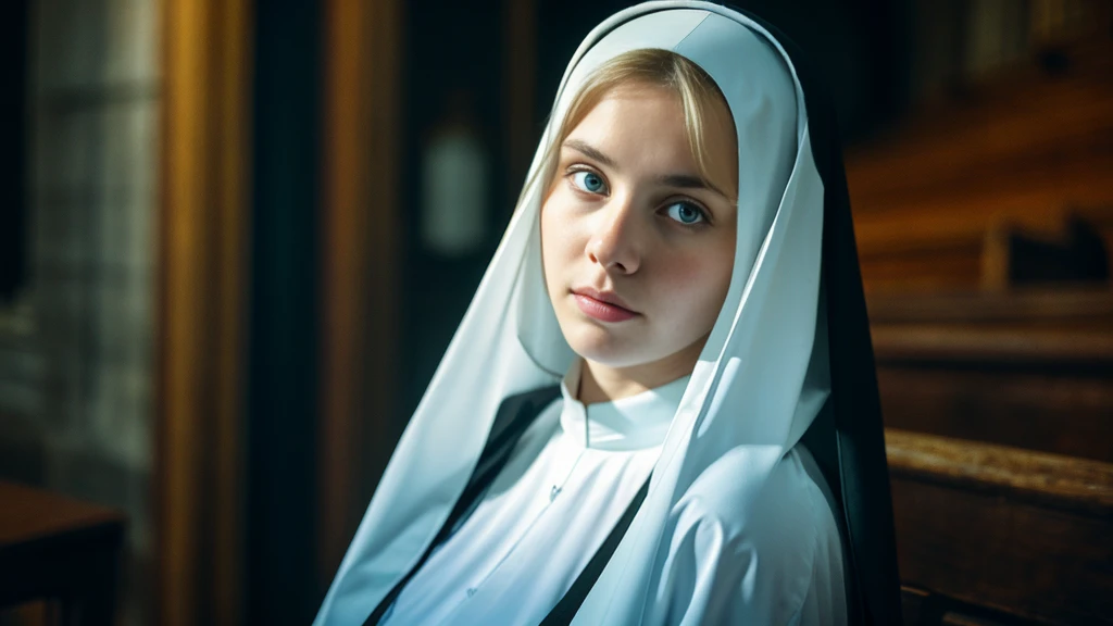 Beautiful blonde with big breasts dressed as a nun (Depressed in a dark church),Wearing headphones,Very detailed, 21 years old, Innocent face, Naturally Wavy Hair, blue eyes, High resolution, masterpiece, Highest quality, Intricate details, Very detailed, Clear focus, Delicate skin, practical skin texture, texture, Delicate eyes, Professional, 4K, Sad crying face, Shot with Canon, 85mm, Shallow and deep, Kodak Vision Color, Exactly, Very detailed, photograph_\(Extremist\), photographpractical, practical, Post-processing, Maximum details, Roughness, Real Life, Extremist practical, Photorealism, photographgraphy, 8K Ultra HD, photographgraphy