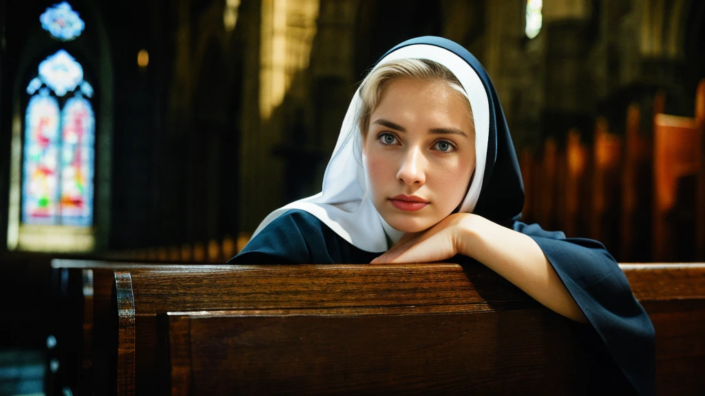 Beautiful blonde with big breasts dressed as a nun (Sitting in a pew in a dark church),Wearing headphones,Very detailed, 21 years old, Innocent face, Naturally Wavy Hair, blue eyes, High resolution, masterpiece, Highest quality, Intricate details, Very detailed, Clear focus, Delicate skin, practical skin texture, texture, Delicate eyes, Professional, 4K, Sad crying face, Shot with Canon, 85mm, Shallow and deep, Kodak Vision Color, Exactly, Very detailed, photograph_\(Extremist\), photographpractical, practical, Post-processing, Maximum details, Roughness, Real Life, Extremist practical, Photorealism, photographgraphy, 8K Ultra HD, photographgraphy