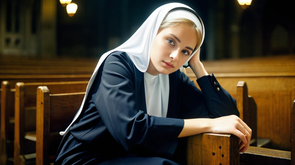 Beautiful blonde with big breasts dressed as a nun (Sitting in a pew in a dark church),Wearing headphones,Very detailed, 21 years old, Innocent face, Naturally Wavy Hair, blue eyes, High resolution, masterpiece, Highest quality, Intricate details, Very detailed, Clear focus, Delicate skin, practical skin texture, texture, Delicate eyes, Professional, 4K, Sad crying face, Shot with Canon, 85mm, Shallow and deep,  Kodak Vision Color, Exactly, Very detailed, photograph_\(Extremist\), photographpractical, practical, Post-processing, Maximum details, Roughness, Real Life, Extremist practical, Photorealism, photographgraphy, 8K Ultra HD, photographgraphy