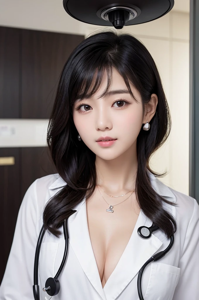 Beautiful young woman、 Korean women、Black Hair、Necklace around the neck、white、shirt、Cleavage、Stethoscope、Mask on mouth、short hair、Wavy Hair、Intricate details, Very detailed:1.2), 、 Looking into the camera,The background is the examination room...、ear piercing