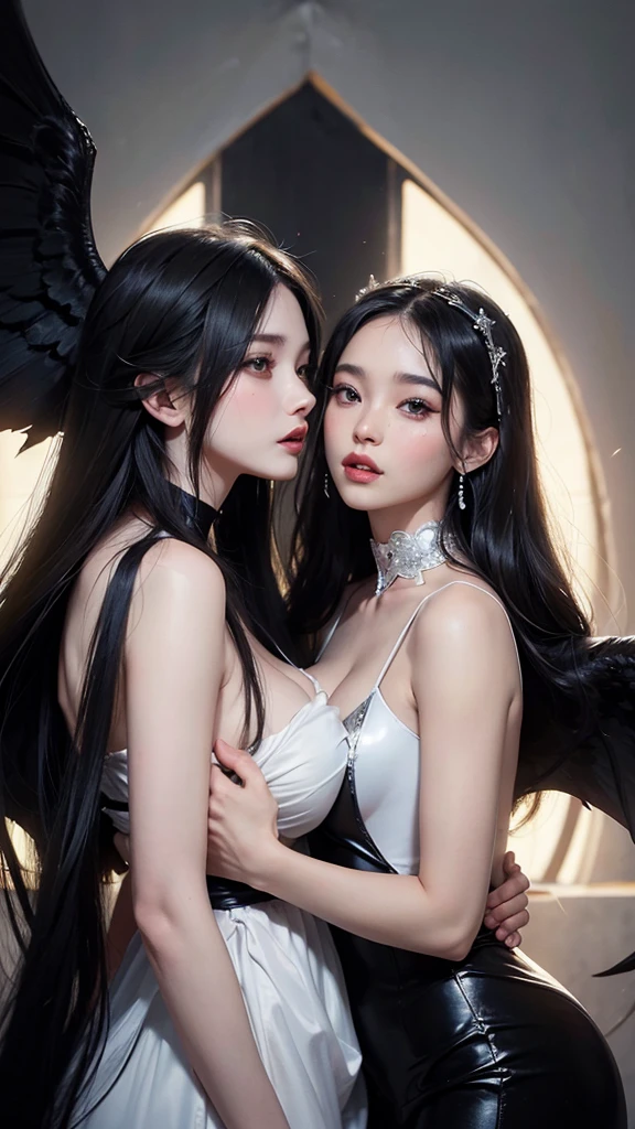 Portrait, Close-up photo, Two women in white and black dresses stand side by side., They have beautiful faces., beautiful face, Beautiful Gemini, both good and evil., Eros and Thanatos, 2 angel, angel, angelกับปีศาจ, Darius Zawadski and Tom Bagshaw, Tom Bagshaw art style, The villain has black angel wings., angel and demons, fallen angel, beautiful gemini twins, big breasts, fully grown breasts, attractive body, Fascinating beauty, Tight outfit, นางฟ้าbig breastsโต, Plump breasts, fully grown breasts, Two angels who are both gods and devils., Angels have a total of 12 wings with different styles to represent a mix of good and evil., The 6 left wings are the wings of the gods. It has the appearance of a large, beautiful, light-filled bird wing. Contains white, The 6 right wings are the wings of the devil. It has the appearance of a bat's wings, which are sharp and dark. Contains black, These two angels stood on the ground that was divided into two parts. One part is a green field with flowers in bloom. Another part of the ground was dry and cracked, with small flames rising from it., The angel's face had a beautiful appearance and a hint of strength. , Her mouth was bright red., One eye was bright blue. Expressing kindness and hope The other side is dark red. It represents mystery and danger., Her hair was jet black, extremely long, two meters long., She wore an outfit that was a combination of divine armor and a devil's cloak., A tight leather outfit emphasizes the figure. A tight outfit., The wings are both white and black., There are wings that are clearly separated from each other., white wings, Black wings, This image was meant to show the balance between good and evil. light and darkness Living together in these two angels