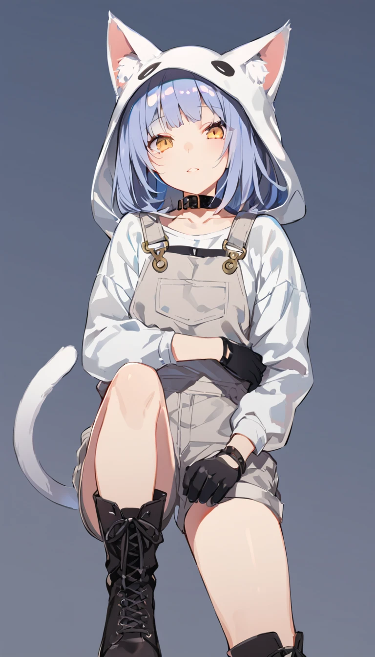 Gray-haired girl with cat tail and ears, full white hat with brim, alone, white long sleeves, light grey denim overalls, long black gloves, long black boots, cute wink face, no human ears, mid-chest, yellow eyes, black collar, posing on a full gray background